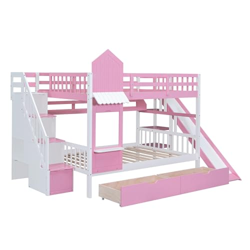Kids Bunk Bed with Stairs and Slide, Twin Over Twin, Gray O540