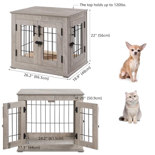 Wooden Dog Crate End Table with Double Doors and Pet Bed E595686