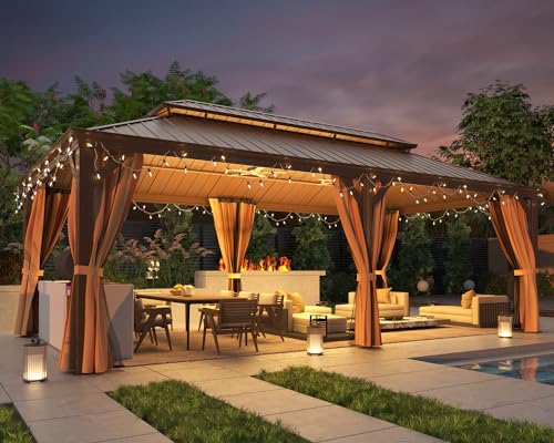 12x16 ft Hardtop Gazebo with Double Roof, Curtains and Netting T94173