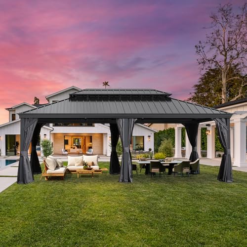 10 x 10 ft Hardtop Gazebo with Netting and Curtains, Galvanized Steel Roof for Patio K80436