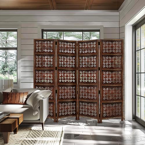4 Panel Folding Wood Room Divider, Antique Brown, 72 x 80 P209