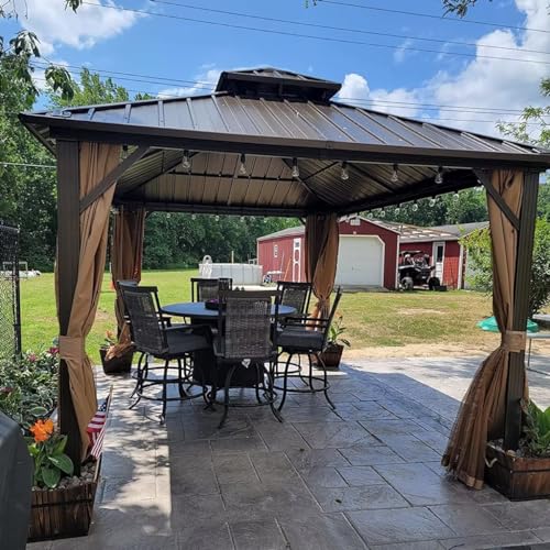 10 x 10 ft Hardtop Gazebo with Netting and Curtains, Galvanized Steel Roof for Patio K80436