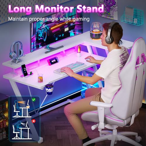 L Shaped Gaming Desk with Power Outlet and LED Lights Y52619