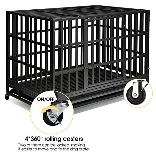 Heavy Duty Dog Kennel Crate with Metal Frame, Double Doors and Lockable Wheels J6089