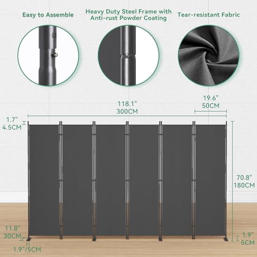 8-Panel 6 ft Tall Indoor Folding Room Divider, Portable Privacy Screen, Freestanding Partition, Dark Grey G253901