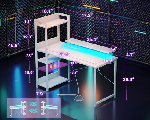 Reversible Gaming Desk with USB Charging Port and LED Lights, 40 Inch Computer Desk with Storage Shelves M571