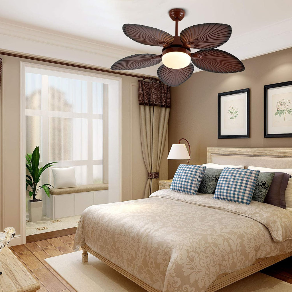 Tropical Ceiling Fan with LED Light, 52 Inch Palm Leaf Blades, Remote Control F295