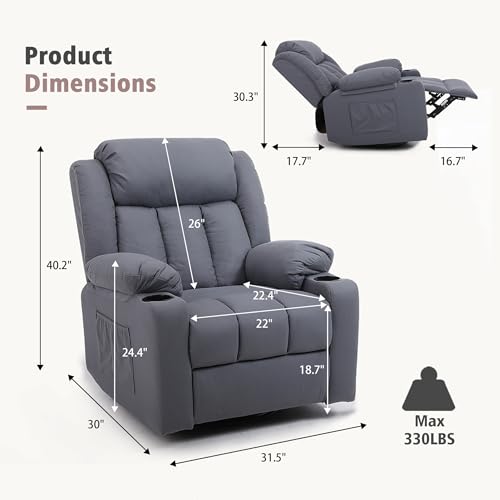 Swivel Recliner Chair with Massage and Heat, Fabric Upholstery, Lime Gray Y550941