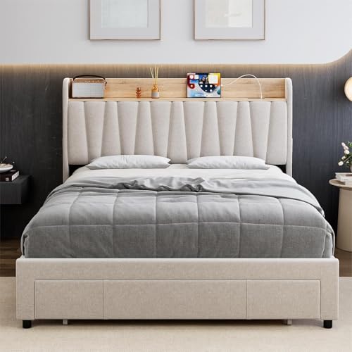 Queen Size Bed Frame with Storage Headboard and Drawers, Beige D3599