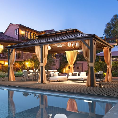 10x13 Hardtop Gazebo with Polycarbonate Double Roof, Aluminum Frame, Curtains and Netting S2701