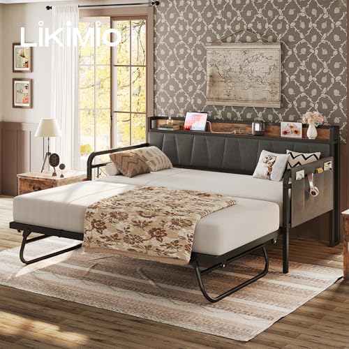 Daybed with Trundle Bed, Twin Bed Frame with Storage Headboard and Charging Station, Grey S3738