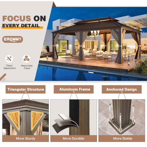12x20 ft Hardtop Gazebo Double Roof Galvanized Steel Canopy Outdoor Aluminum Frame with Netting and Curtains X191579