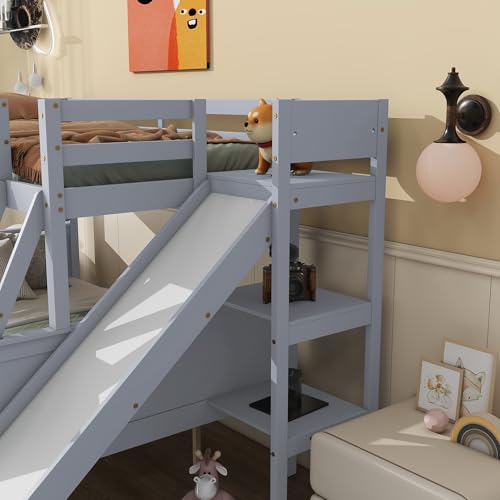Twin Over Full Size Wooden Bunk Bed with Slide and Storage Stairs N394