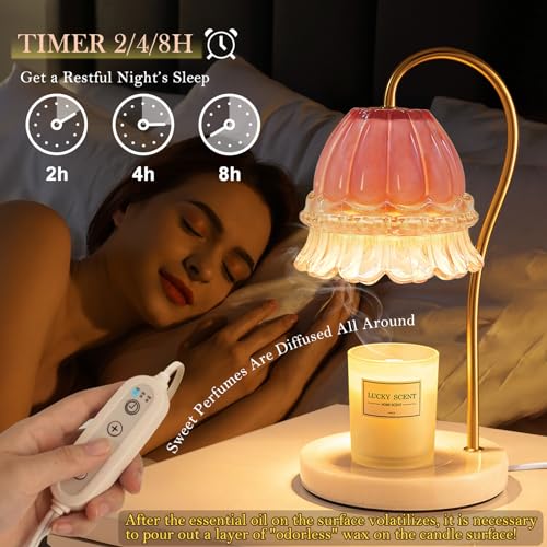 Candle Warmer Lamp with Timer, Dimmable Glass Flower Design, Marble Base, Electric Desk Lamp A686032