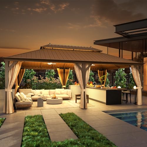 12x16 ft Hardtop Gazebo with Double Roof, Curtains and Netting T94173