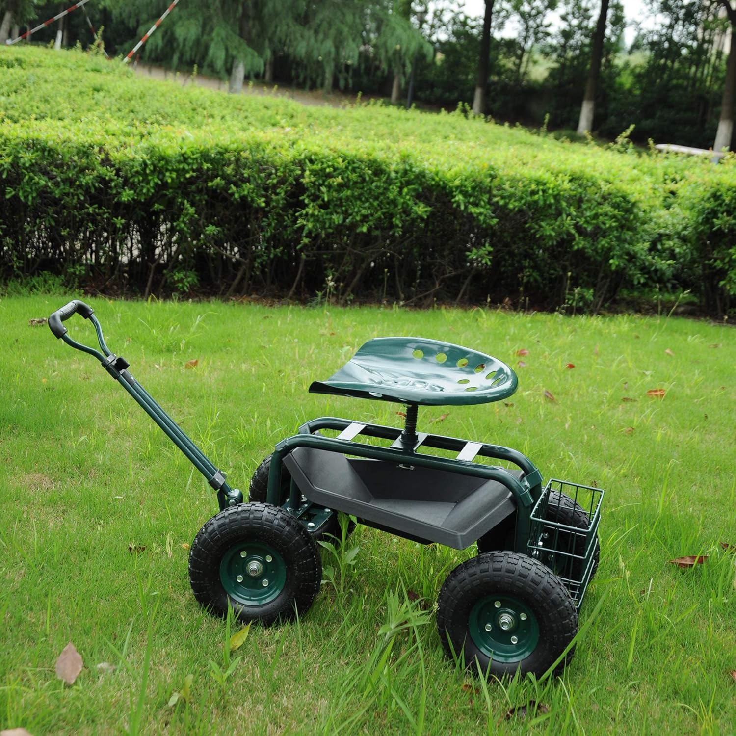 Rolling Garden Stool Cart with Tool Tray and Storage Basket N712