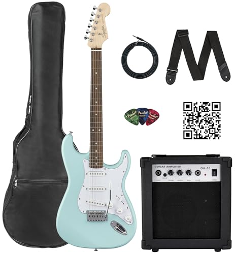 Stratocaster Electric Guitar Bundle with Amplifier, Gig Bag, Strap, Cable, Picks, and DVD F102