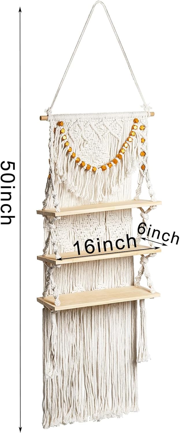 Macrame Wall Hanging Shelf with Wood Plant Rope Storage Q293499