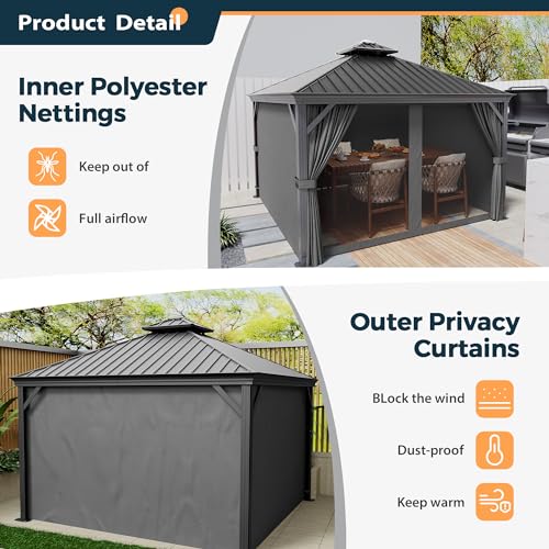 10 x 12 ft Hardtop Gazebo with Netting and Curtains for Patio, Deck, Backyard X60892