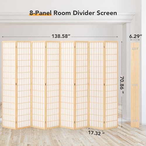 6 Panel Folding Room Divider, Japanese Shoji Screen, 5.9 Ft, Natural T81976