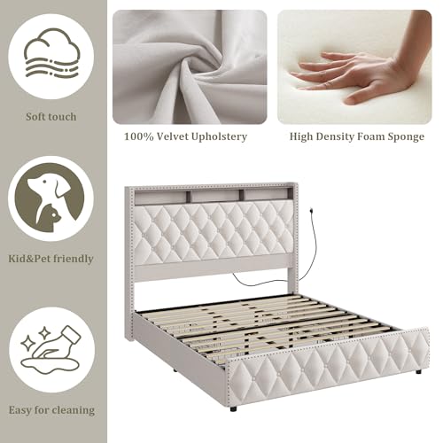 Queen Bed Frame with Tall Headboard, Velvet Upholstered, 4 Storage Drawers Y5950