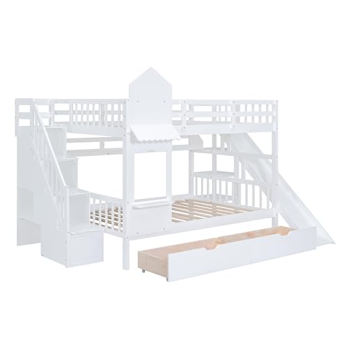 Kids Bunk Bed with Stairs and Slide, Twin Over Twin, Gray O540
