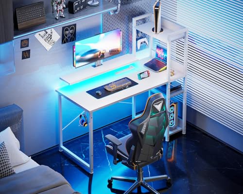 Reversible Gaming Desk with USB Charging Port and LED Lights, 40 Inch Computer Desk with Storage Shelves M571