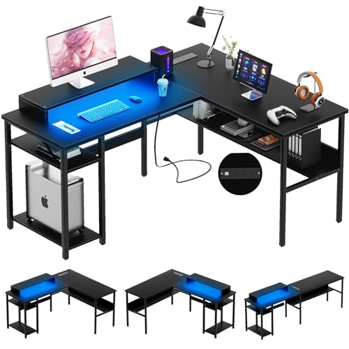 Reversible L Shaped Desk with Power Outlets and LED Light, Corner Computer Desk with Monitor Stand and Storage Shelves, Black A318171