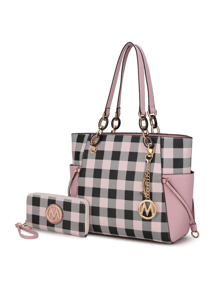 Checkered Tote Handbag with Wallet Z717