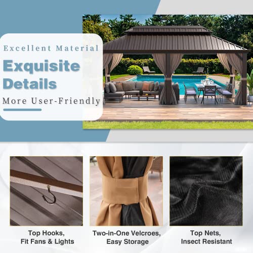 12x16 ft Hardtop Gazebo with Double Roof, Curtains and Netting T94173