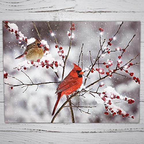 LED Cardinals Canvas Print with Cardinal Couple and Holiday Berries V670