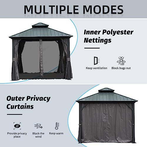 10 x 10 ft Hardtop Gazebo with Netting and Curtains, Galvanized Steel Roof for Patio K80436