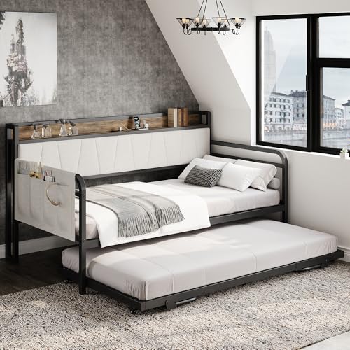 Daybed with Trundle Bed, Twin Bed Frame with Storage Headboard and Charging Station, Grey S3738