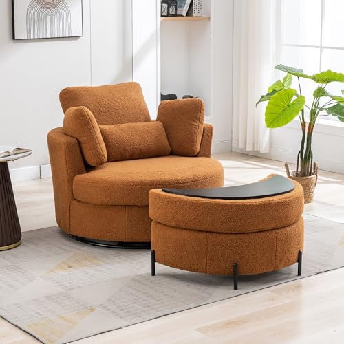 Oversized Swivel Barrel Chair with Ottoman, Chenille, Beige M813