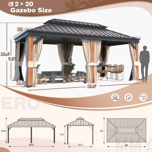 12x20 ft Hardtop Gazebo Double Roof Galvanized Steel Canopy Outdoor Aluminum Frame with Netting and Curtains X191579