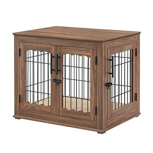 Wooden Dog Crate End Table with Double Doors and Pet Bed E595686