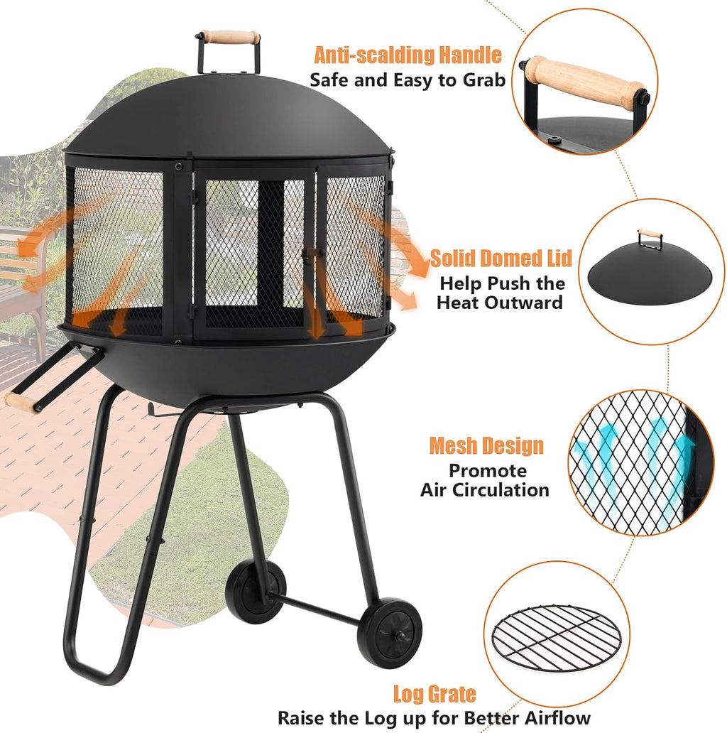 Portable Fire Pit with Wheels, 28 Inch Wood Burning, Black K9455