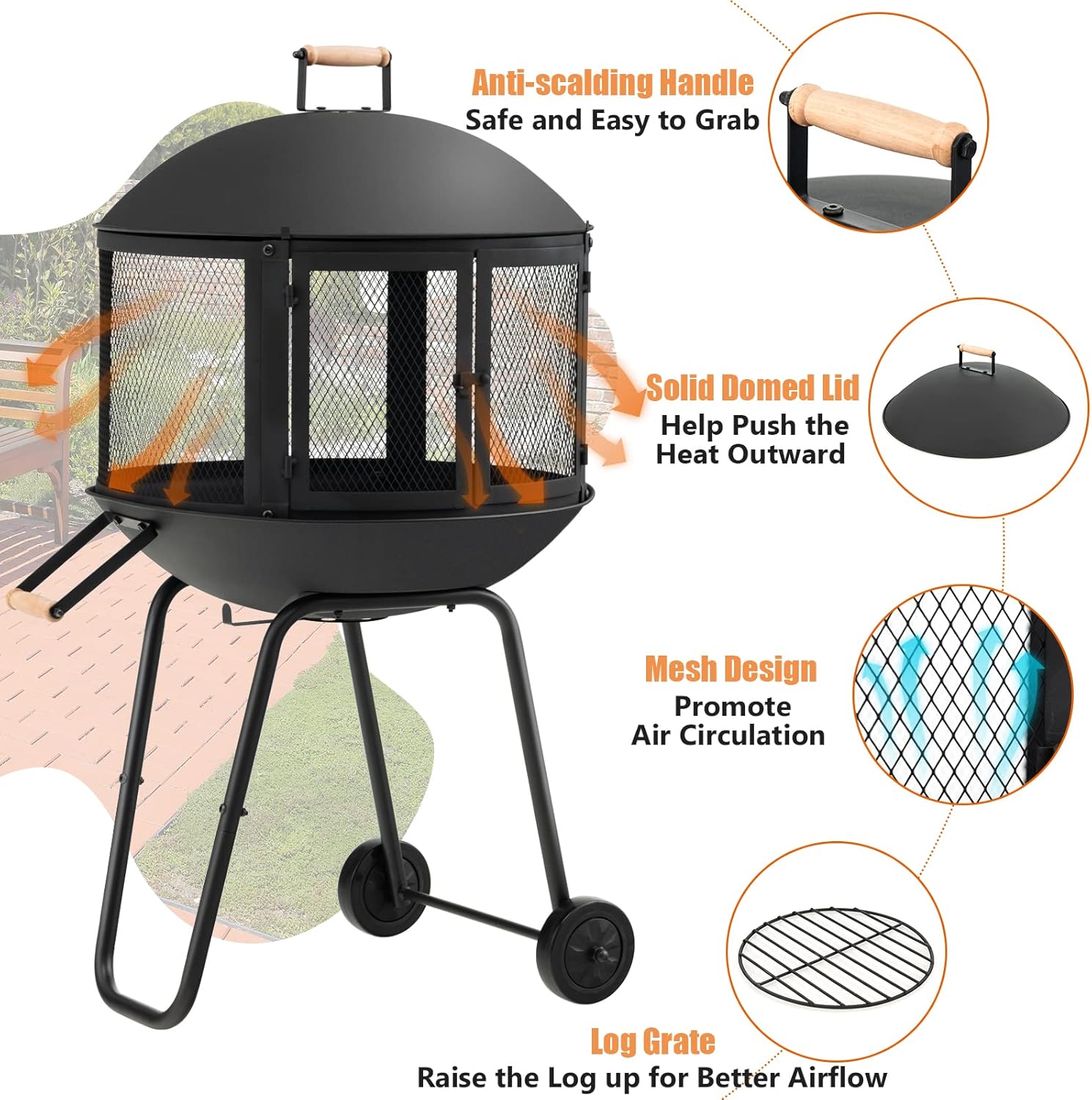 Portable Fire Pit with Wheels, 28 Inch Wood Burning, Black K9455