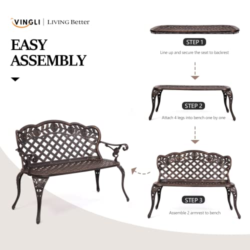Outdoor Bench, Antique Cast Aluminum Garden Seating for 2-3 People O329814