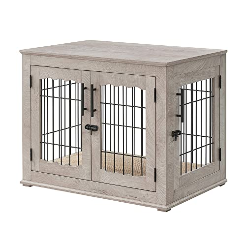 Wooden Dog Crate End Table with Double Doors and Pet Bed E595686