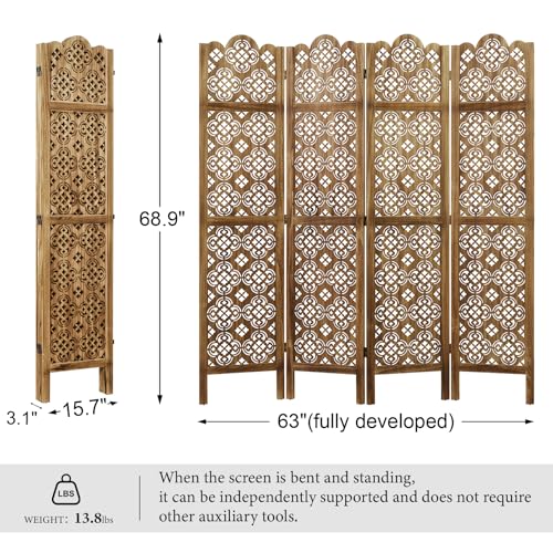 Wood Carved Room Divider 4 Panel Folding Partition Screen X503933