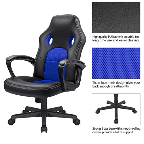 High Back Ergonomic Leather Gaming Chair, Adjustable, Blue S74277