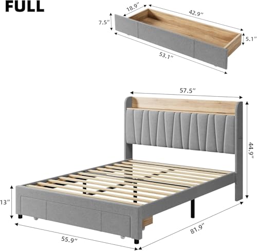 Queen Size Bed Frame with Storage Headboard and Drawers, Beige D3599