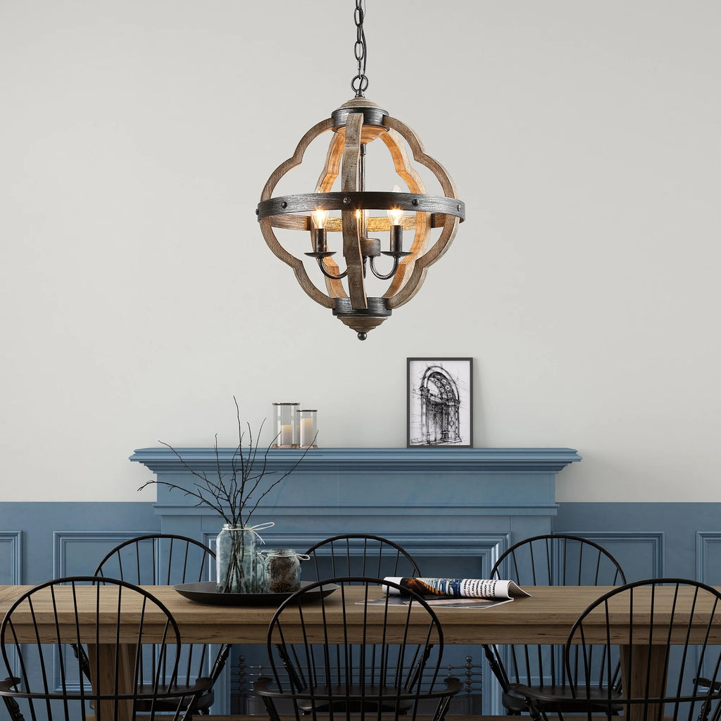 Farmhouse 3-Light Wood Lantern Chandelier for Kitchen Island N4832