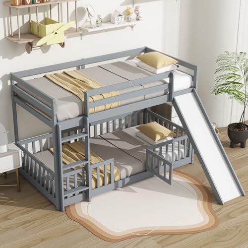 Twin Over Full Size Wooden Bunk Bed with Slide and Storage Stairs N394