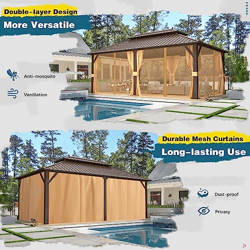 10x13 Hardtop Gazebo with Polycarbonate Double Roof, Aluminum Frame, Curtains and Netting S2701