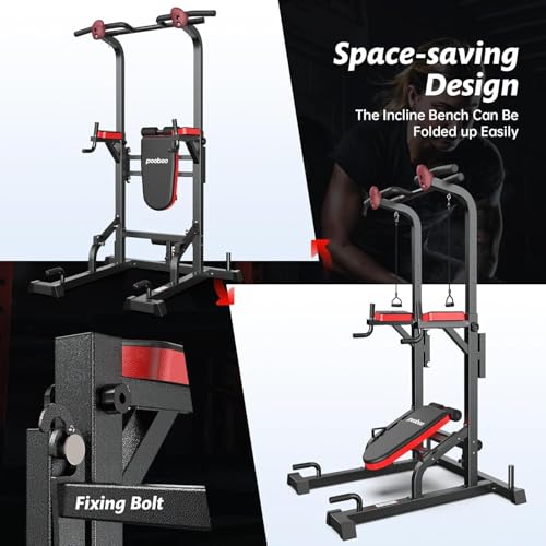 Power Tower Dip Station Pull Up Bar for Home Gym Workout, Adjustable Height with Supine Board G8894