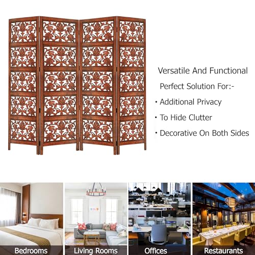 4 Panel Folding Wood Room Divider, Antique Brown, 72 x 80 P209