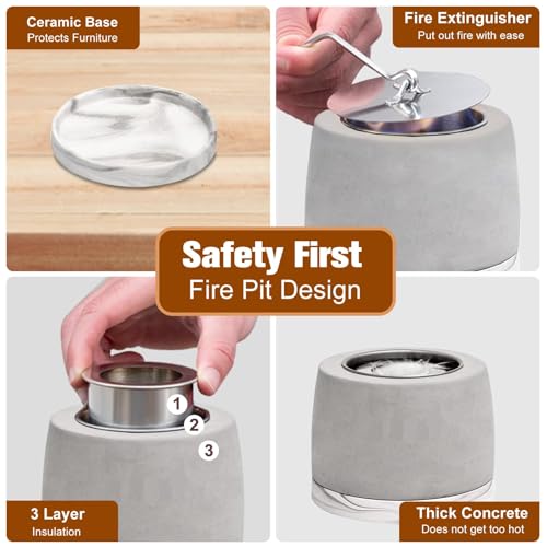 Concrete Tabletop Fire Pit Bowl, Portable Indoor Outdoor with Extinguisher N994