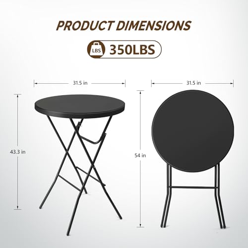 Folding Round Table Bar Height, HDPE with Gray Metal Finish, Black M940225